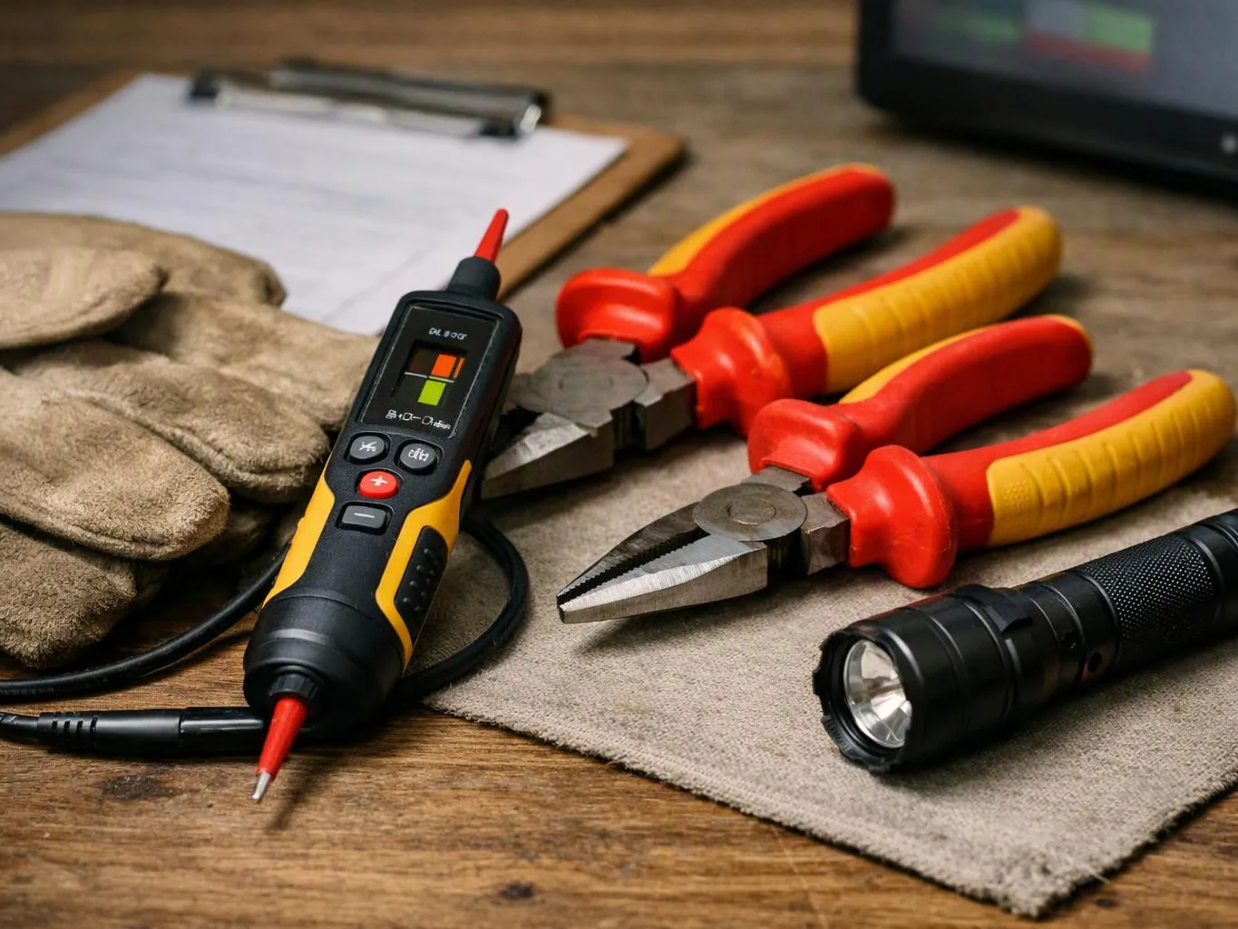 Electrical tools and gloves lie on a workbench beside a clipboard and flashlight