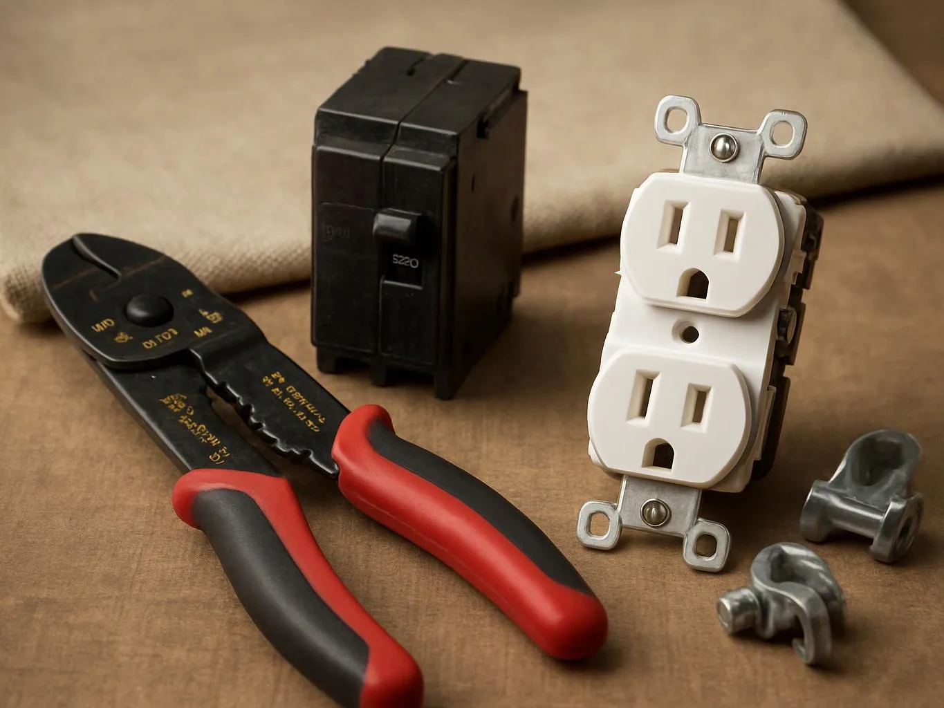 Electrical tools and parts rest on a tan surface, with a wire stripper and a duplex outlet in front