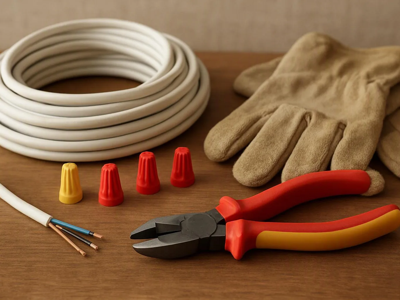 Electrical tools and supplies lie on a wooden table, including coiled cable, gloves, wire nuts, and pliers