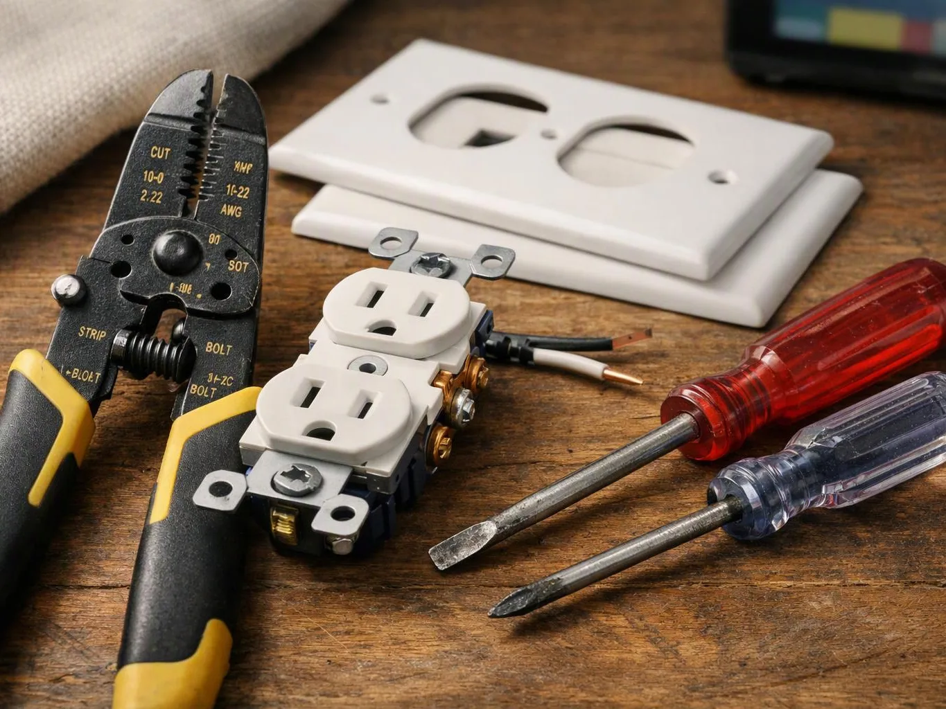 Electrician tools, outlets, and screwdrivers are arranged on a wooden workbench