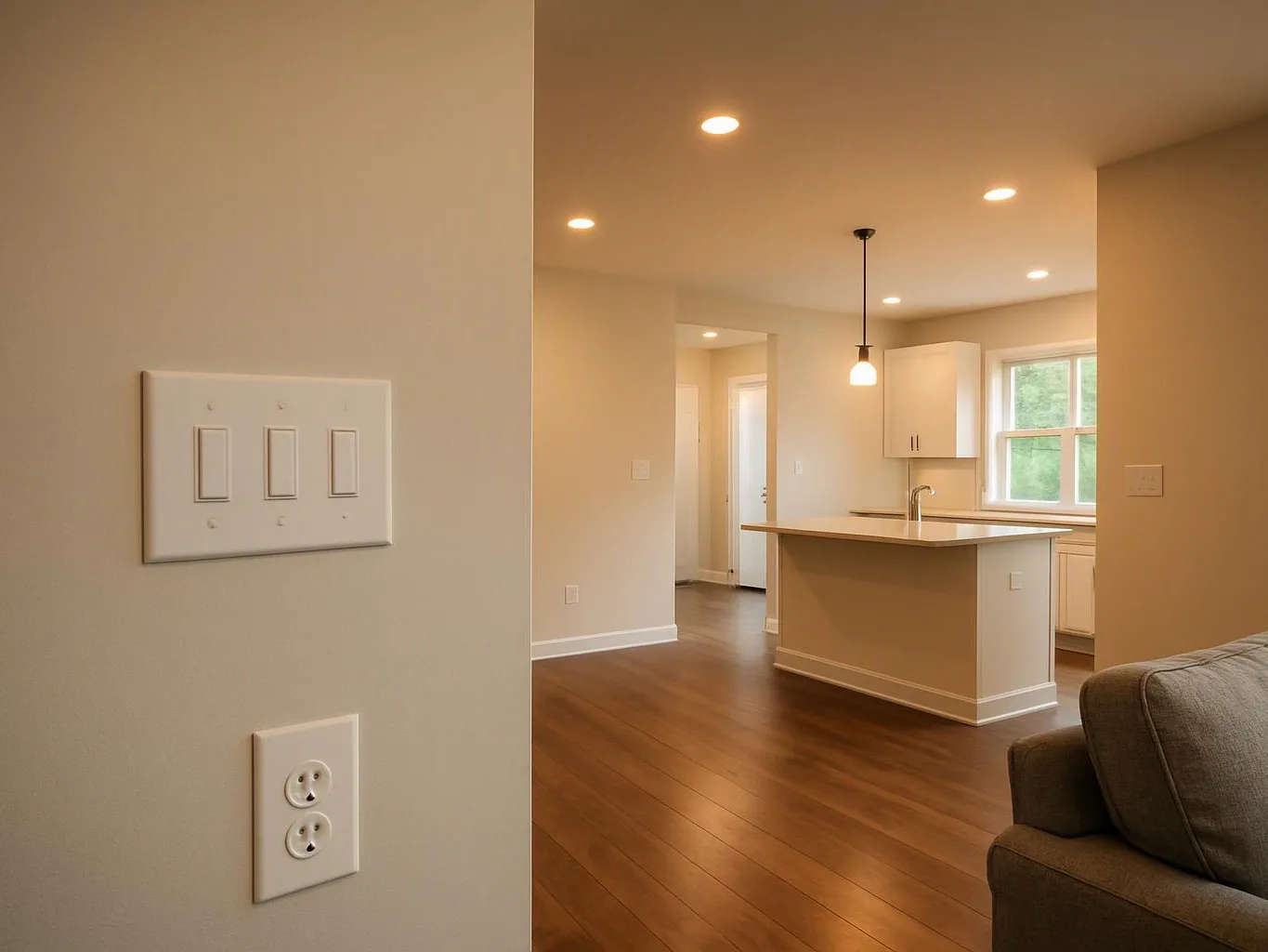An empty open-plan room shows a kitchen island, recessed lights, wood floors, and part of a gray sofa