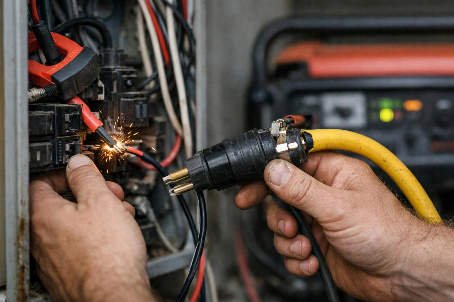 Hands connect a yellow power cable inside an electrical panel, with sparks flying from a loose wire