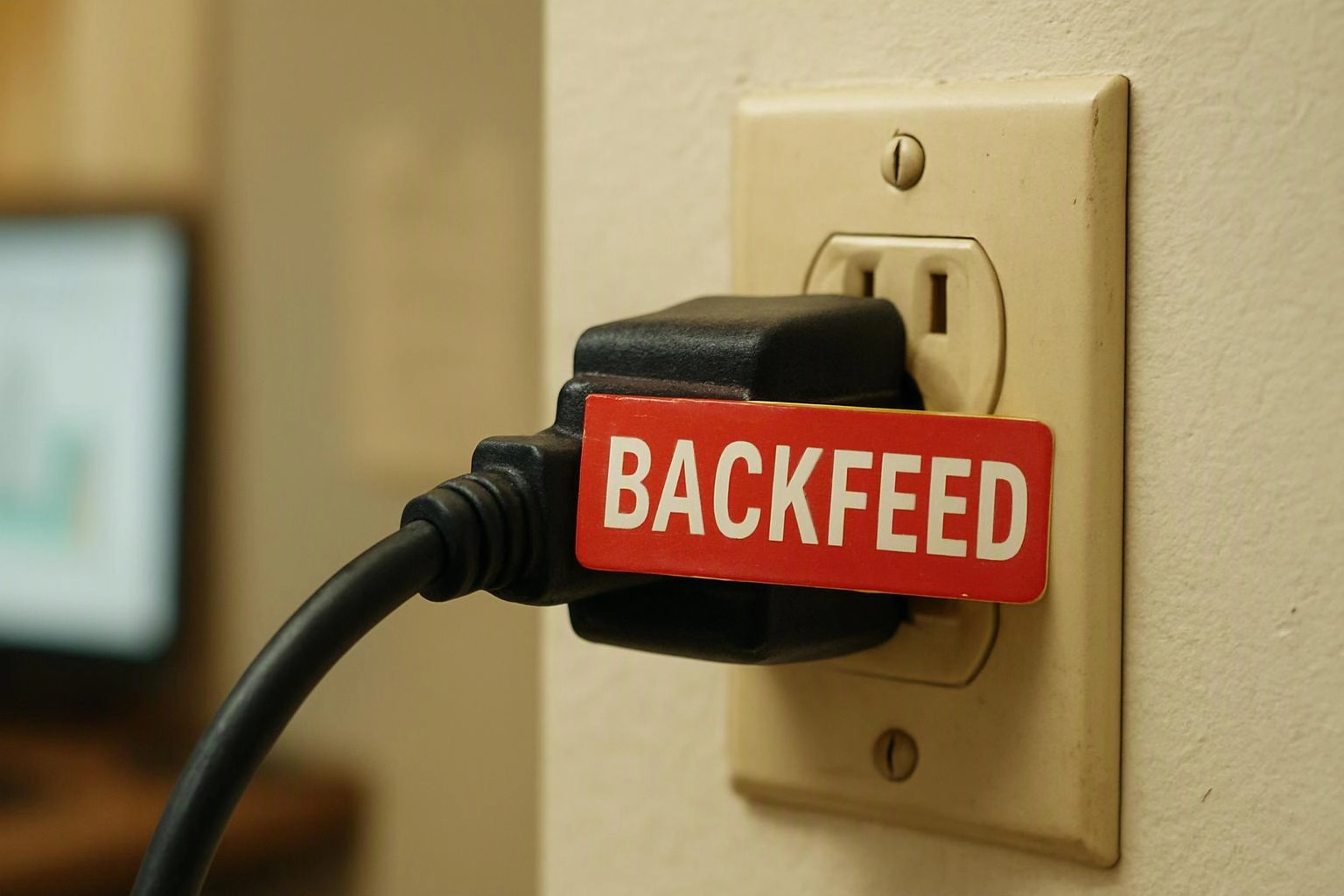 A black power plug with a red BACKFEED tag is plugged into a beige wall outlet, indoors