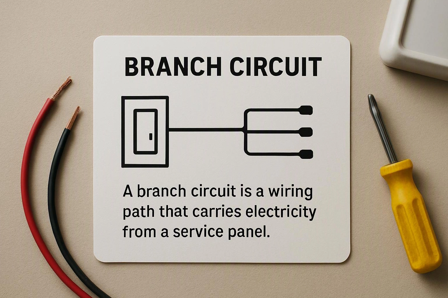 A card shows a branch circuit diagram with wires and a screwdriver on a beige surface