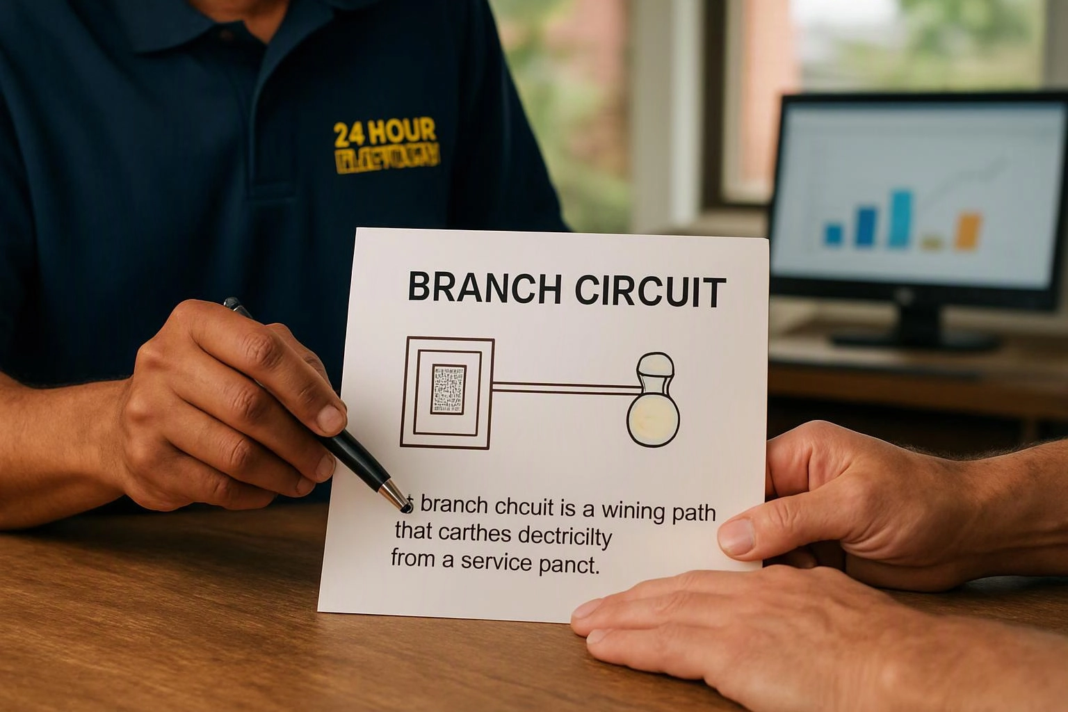 A person points to a branch circuit diagram on a card while another holds it at a table