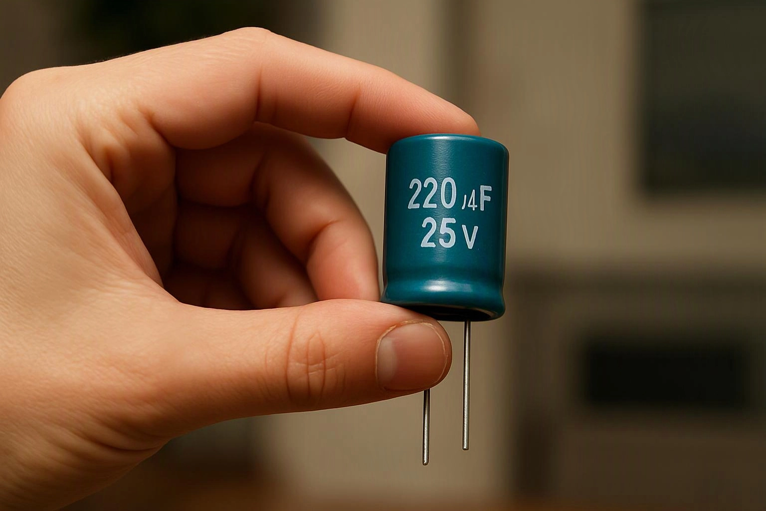 A hand holds a blue cylindrical capacitor with two metal leads against a blurred indoor background