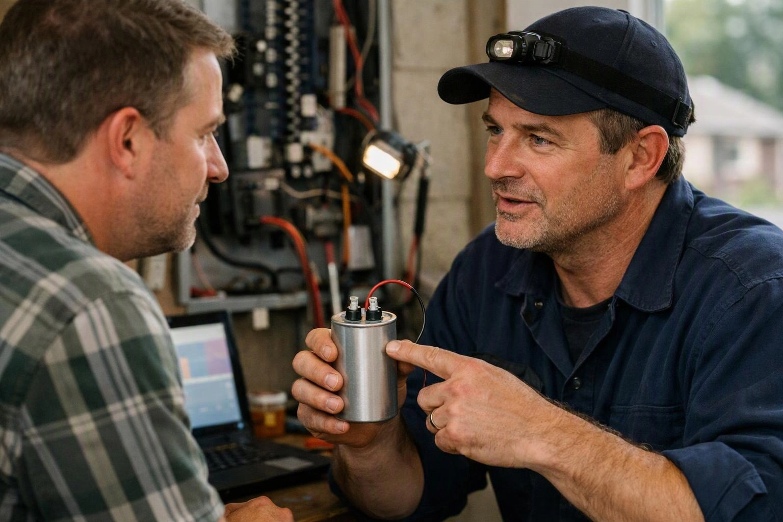 Two men discuss a small silver cylinder with wires in a workshop, with tools and a laptop behind them