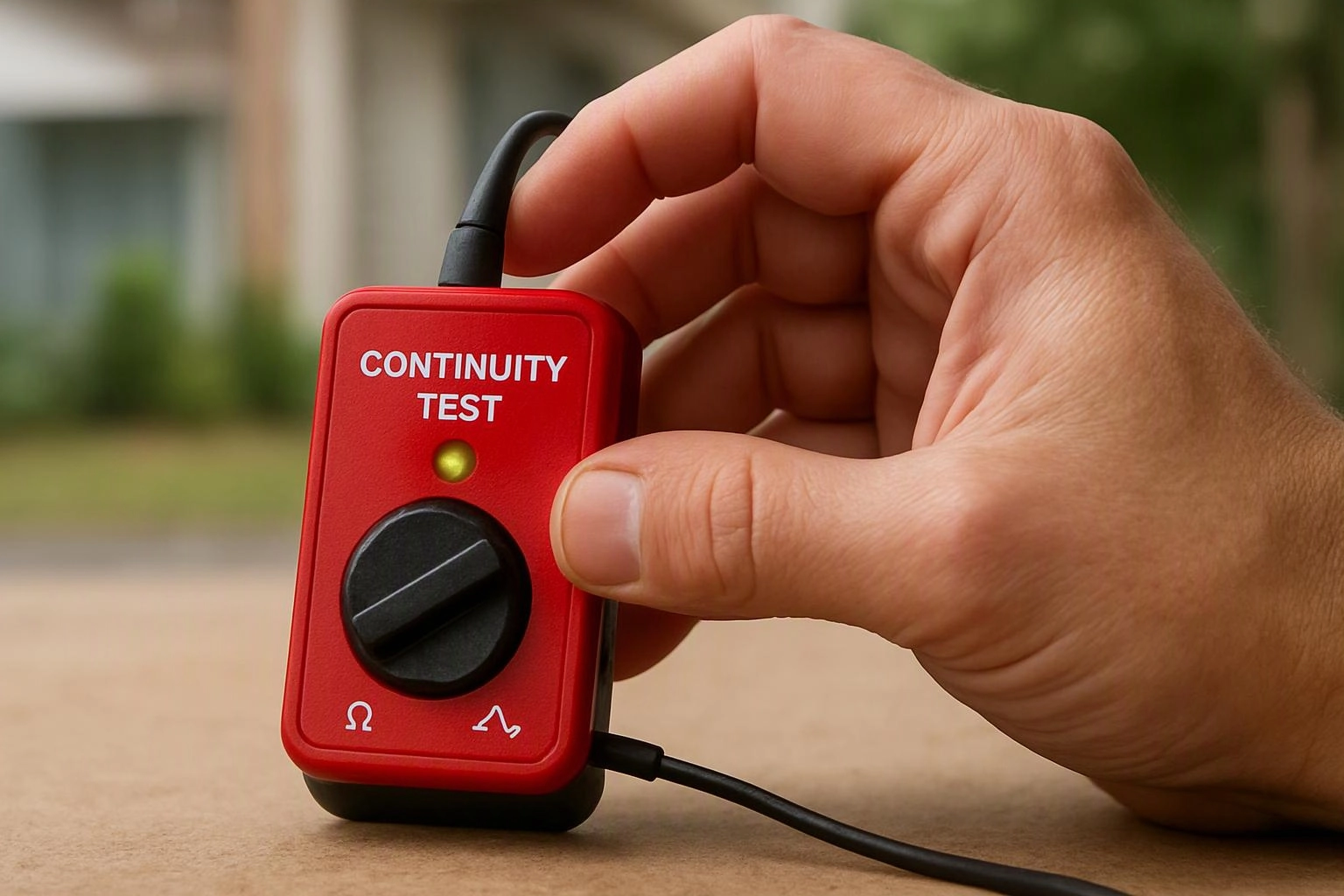 A hand holds a red continuity test device with a knob and cables outdoors on a tabletop
