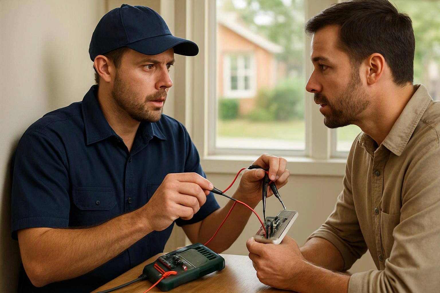 Two men inspect a small electrical device with multimeter leads at a table near a bright window