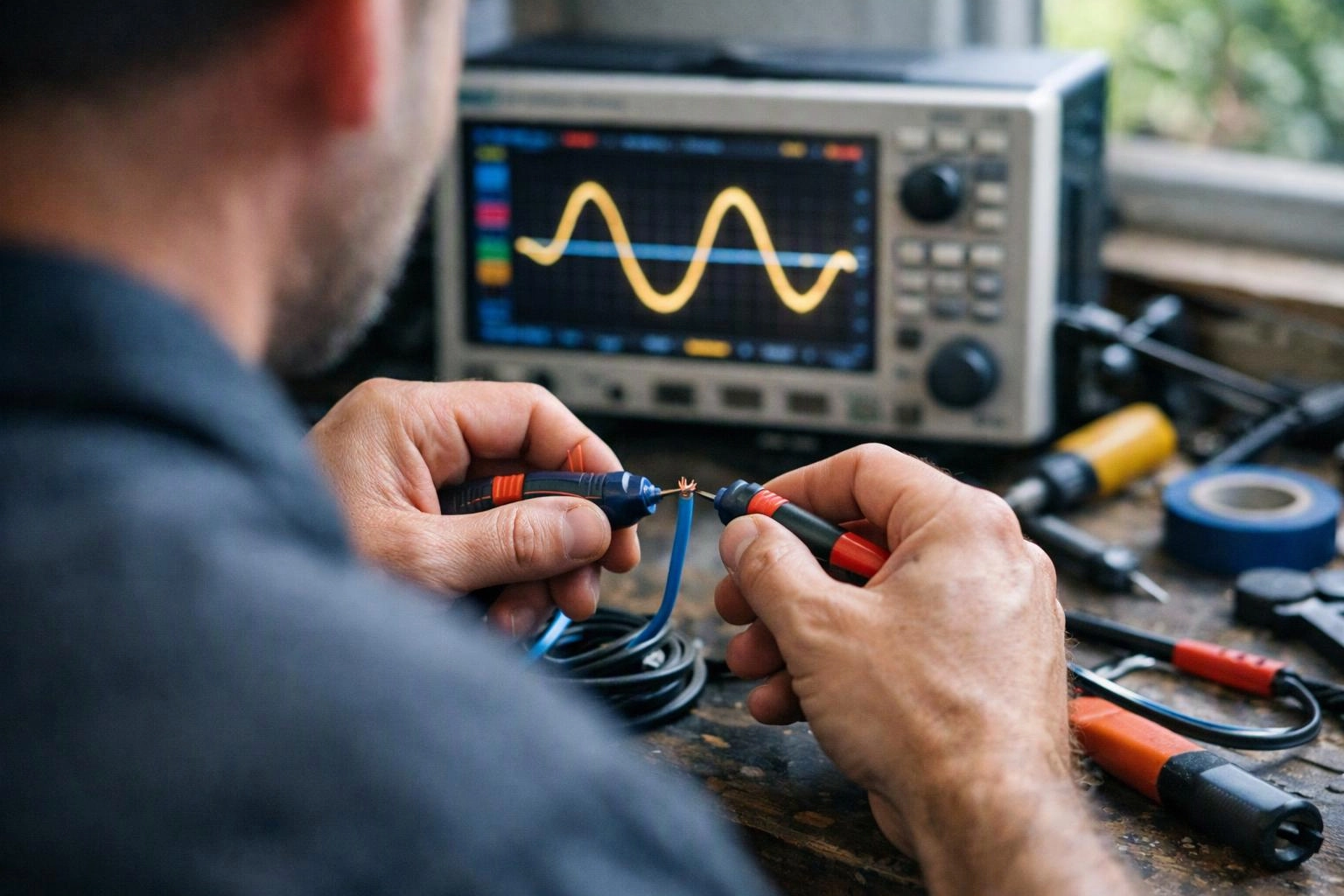 A man solders blue wires on a cluttered workbench beside an oscilloscope showing a yellow waveform