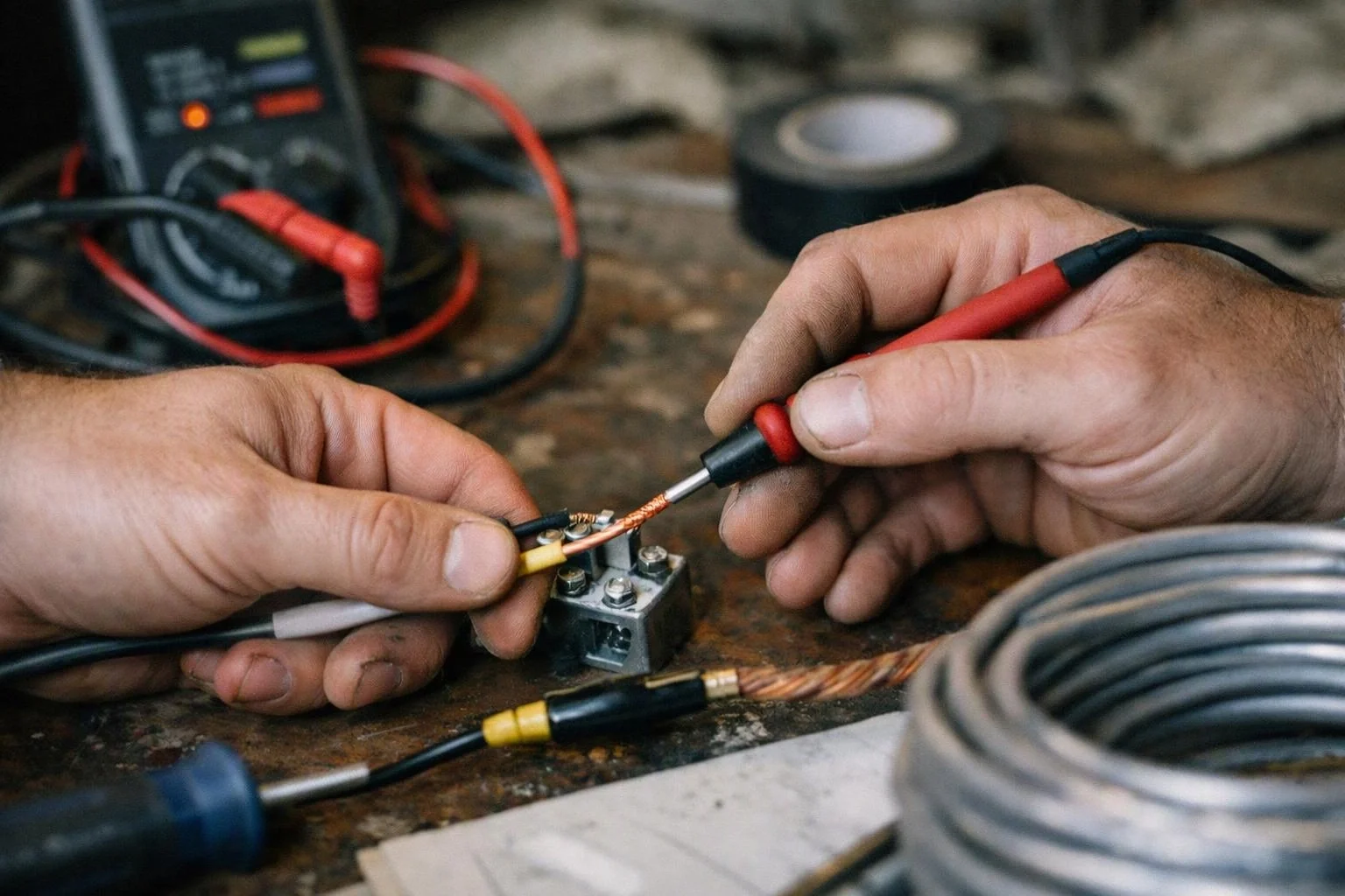 Two hands test exposed wires with a red multimeter probe on a cluttered workbench