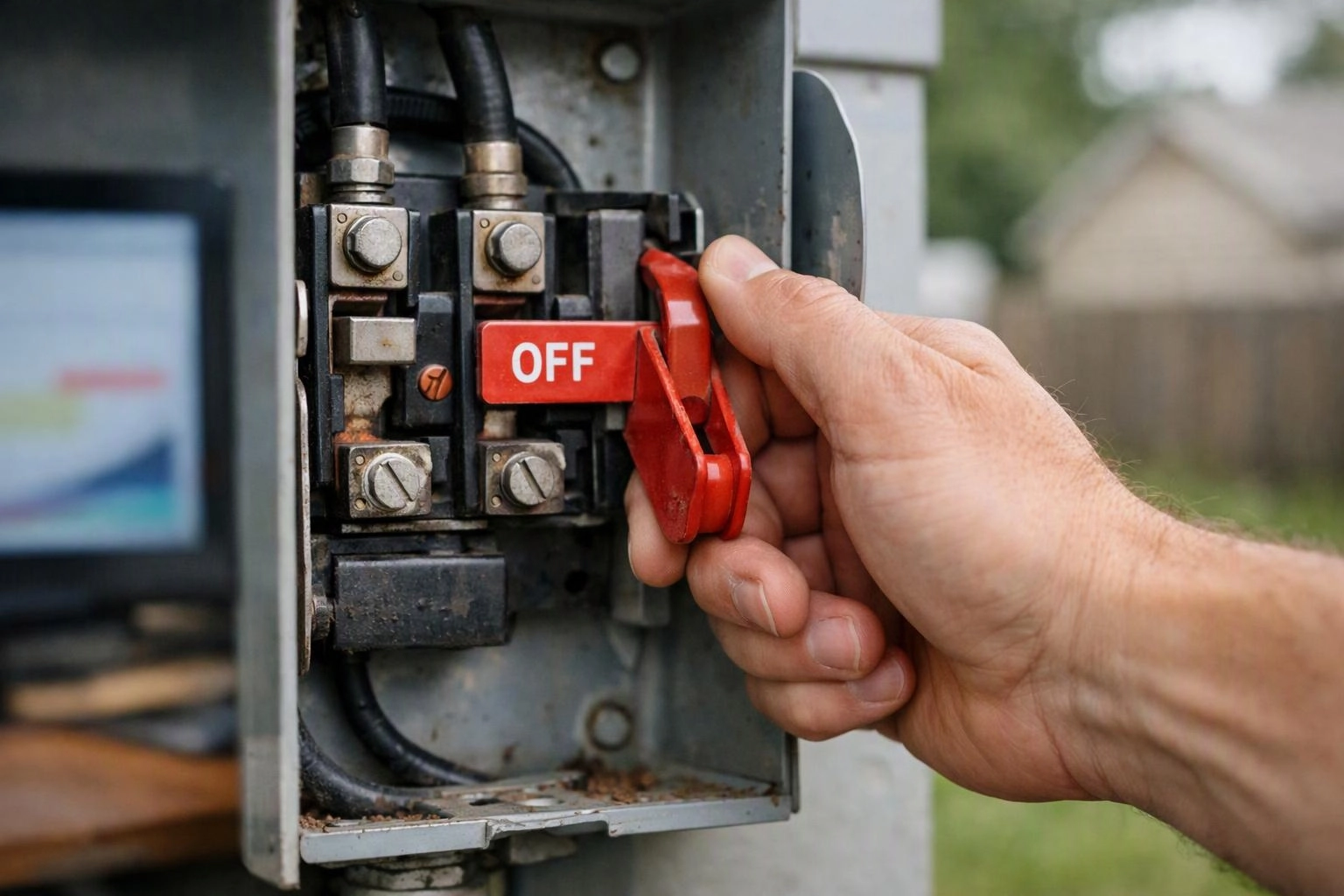 A hand flips a red OFF switch inside an open electrical panel outdoors