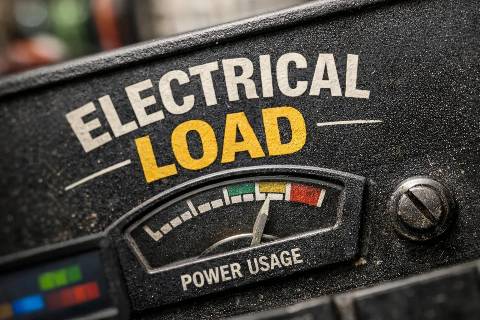 A close-up shows a dusty electrical load meter with a needle near the high power usage zone