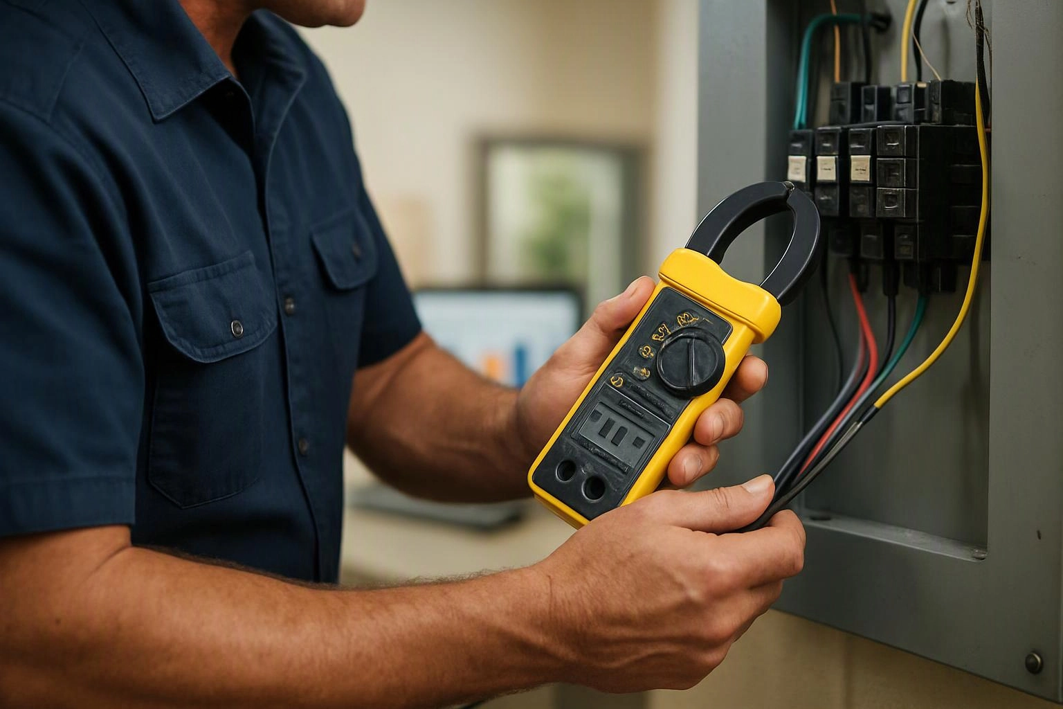 A worker checks wiring inside an open electrical panel with a yellow clamp meter