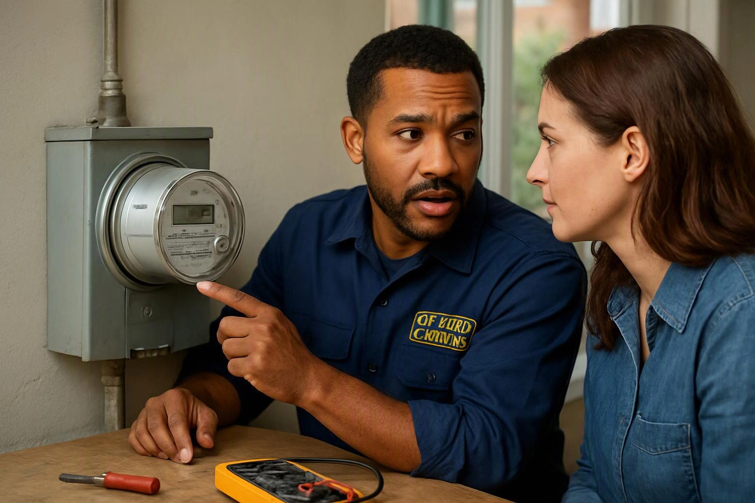 A technician points at an electric meter while speaking with a woman beside a table with tools in a room