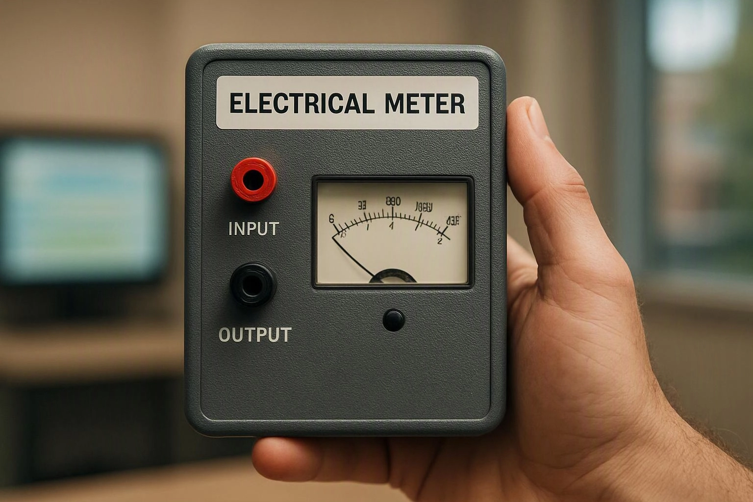 A hand holds a gray electrical meter with input and output jacks and an analog gauge indoors