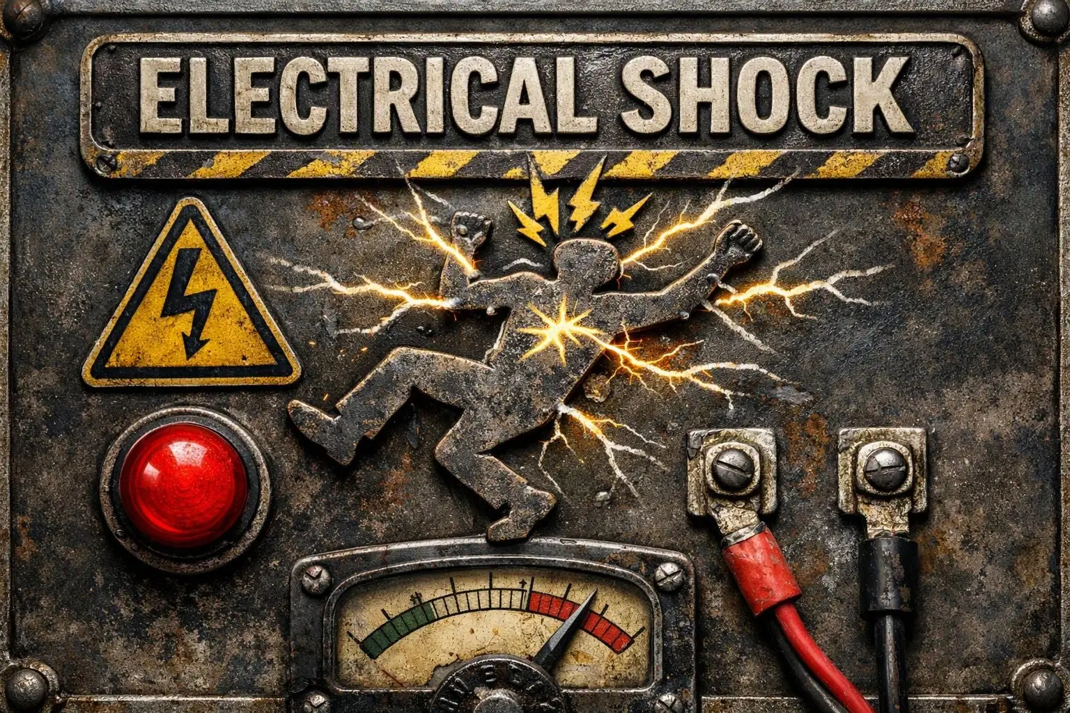 Rusty electrical shock warning panel with a glowing red light, hazard symbol, meter, and attached wires
