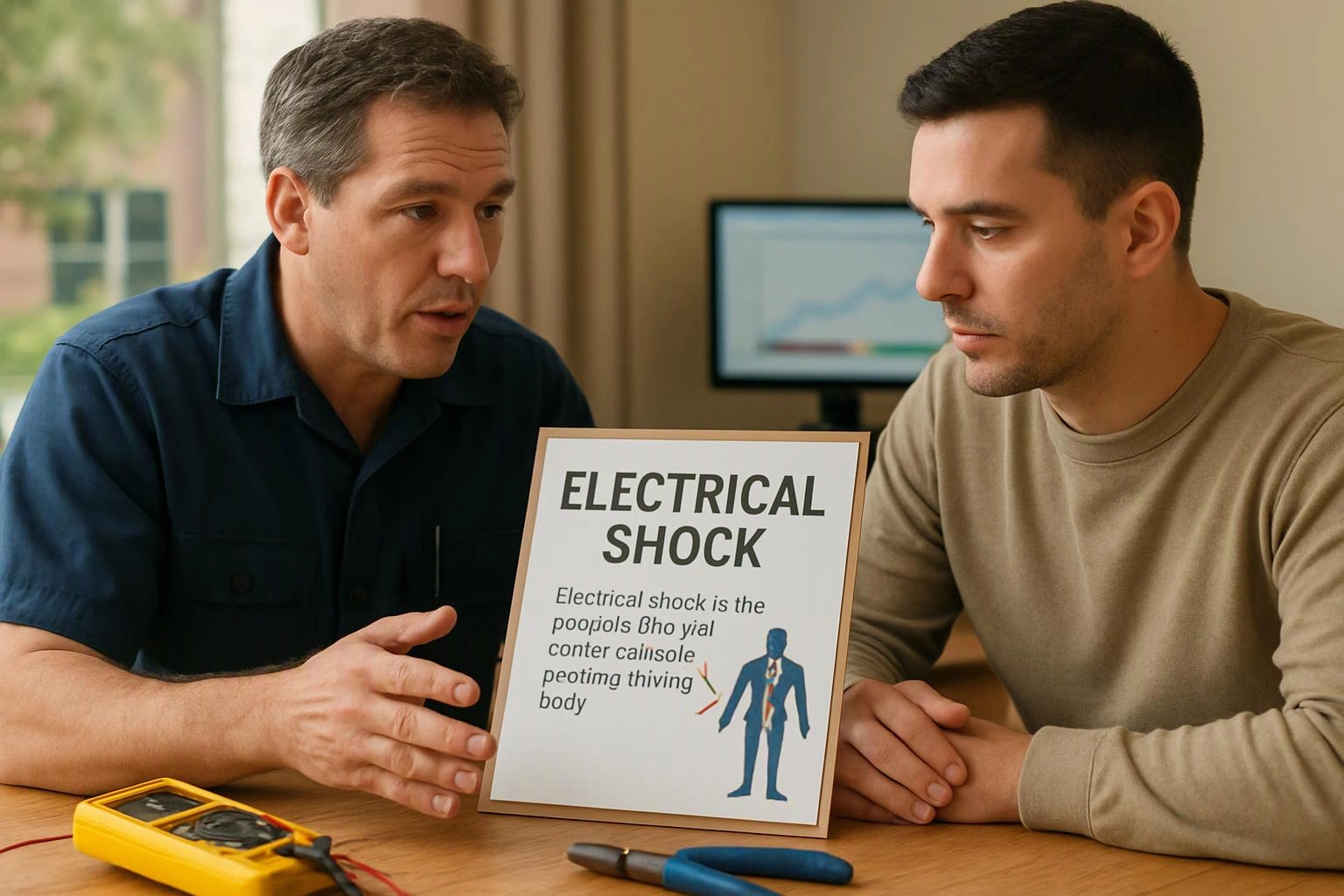Two men study an electrical shock safety poster at a table with a tester and pliers in a room