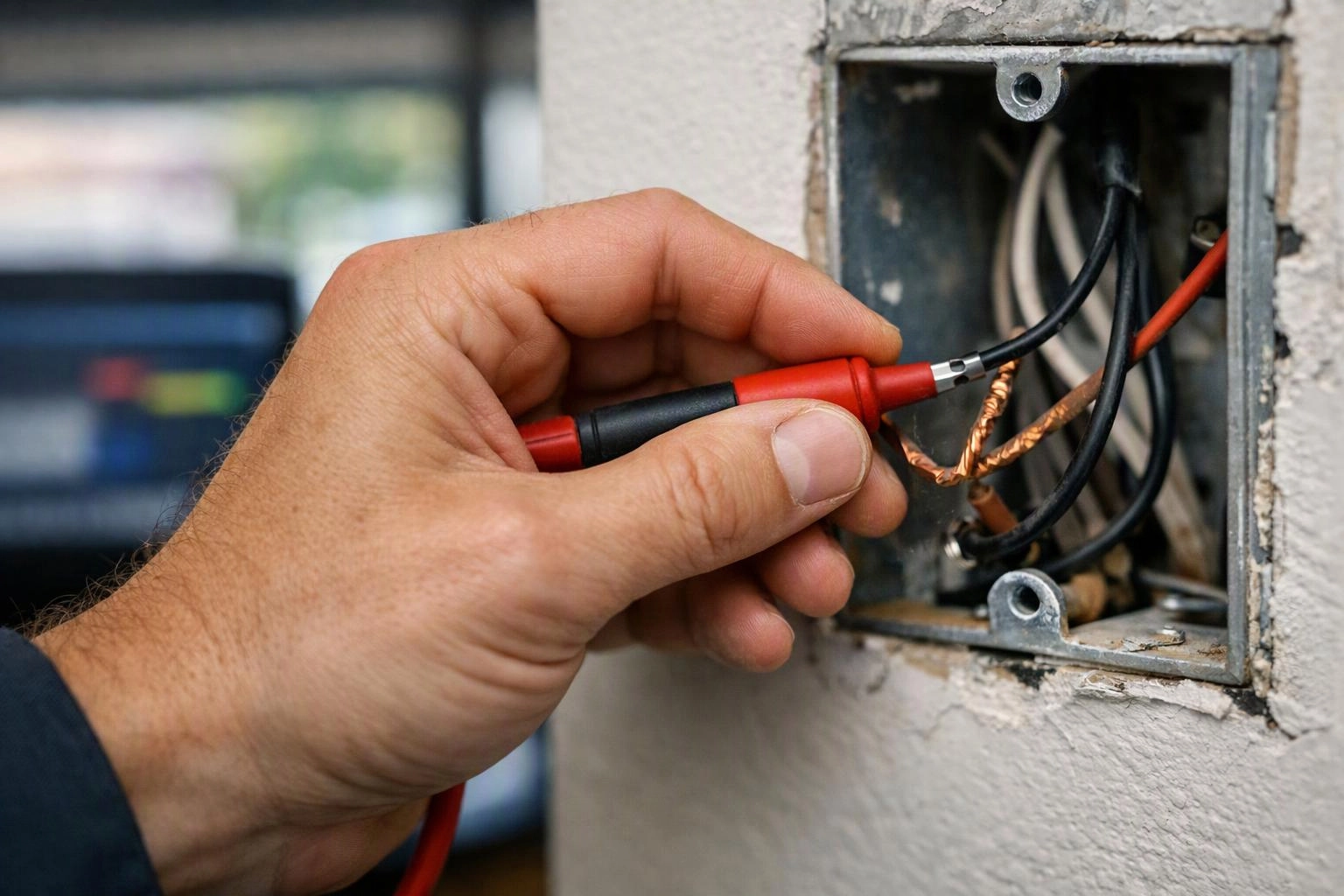 A hand uses a red and black tester probe on exposed wires inside a wall electrical box