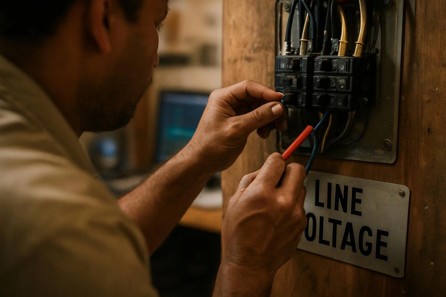 A worker adjusts wiring on an electrical panel beside a line voltage sign