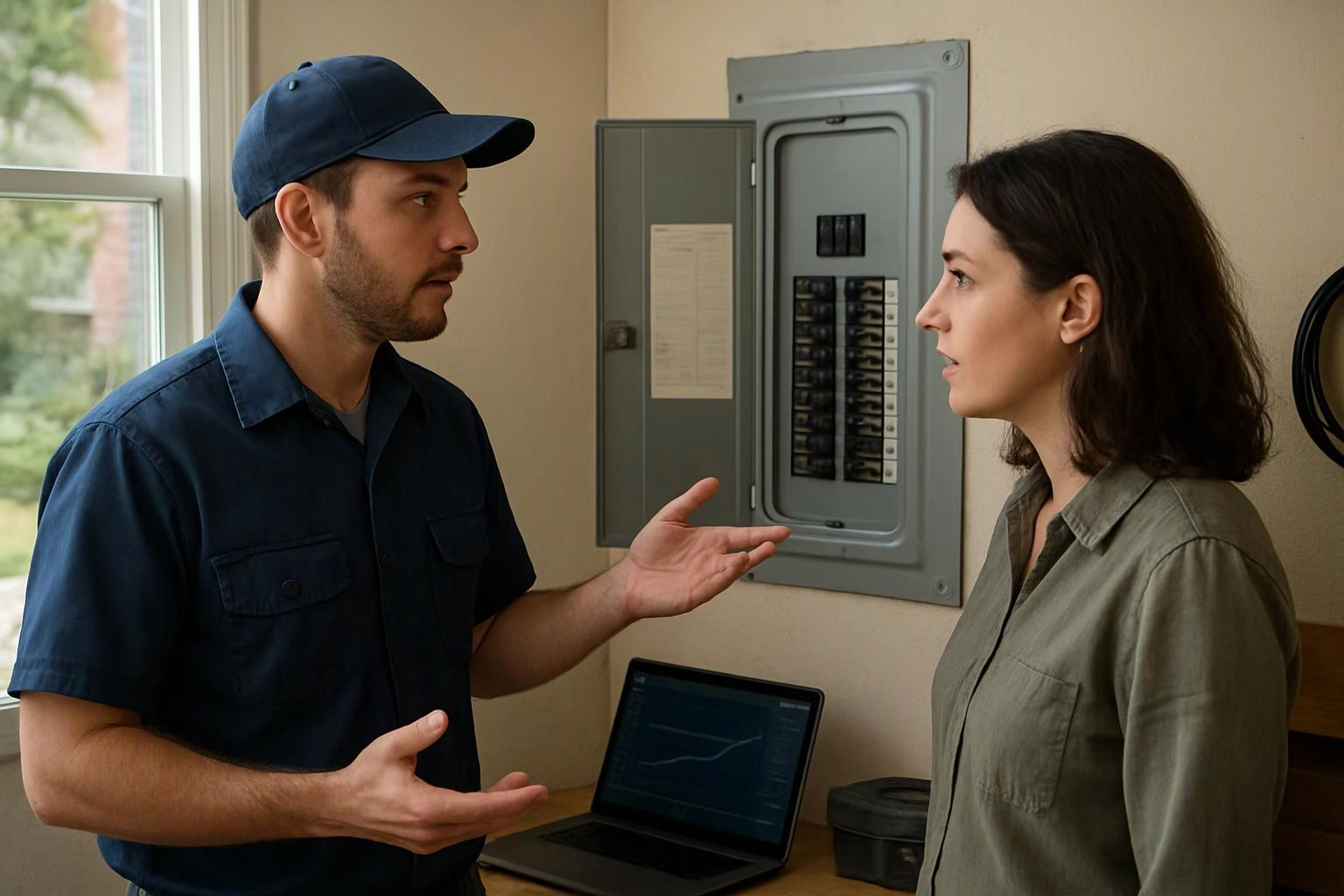 A man in a navy cap gestures toward a woman beside an open electrical panel and laptop indoors