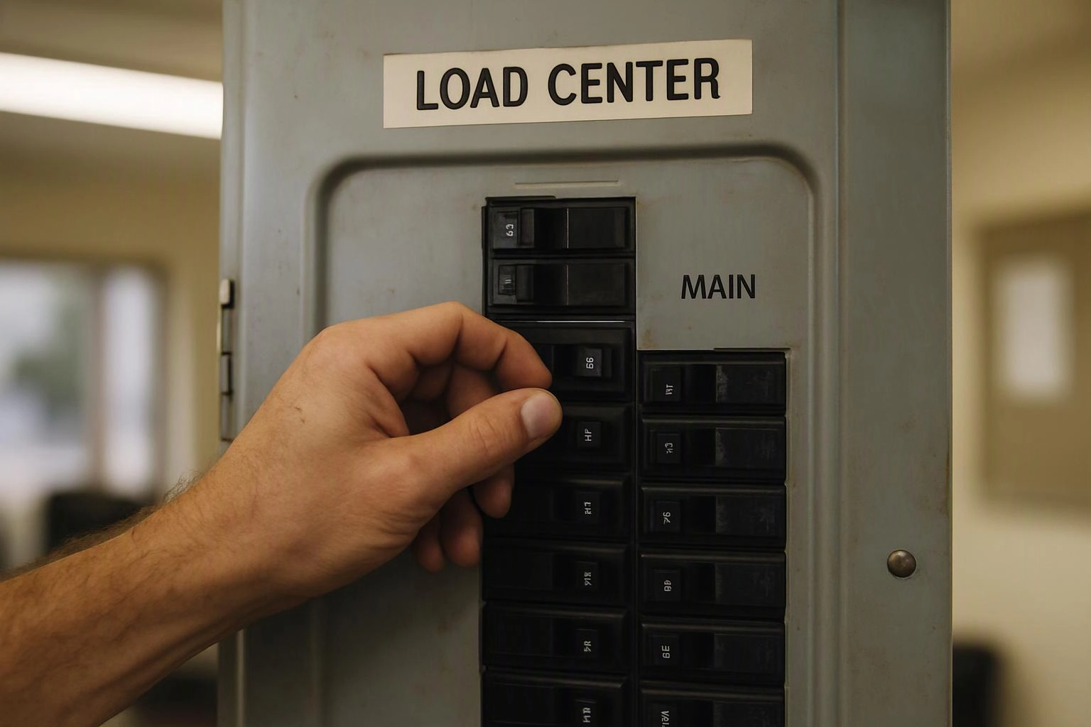 A hand flips a breaker in a gray electrical load center labeled MAIN indoors