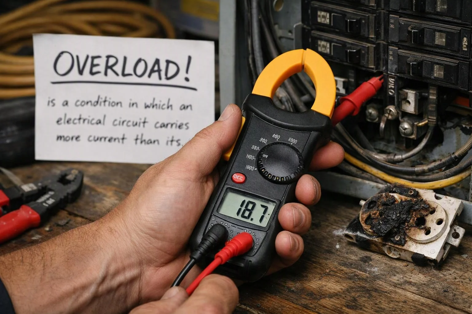 A hand holds a clamp meter near an electrical panel, with a burned outlet and an overload warning card nearby