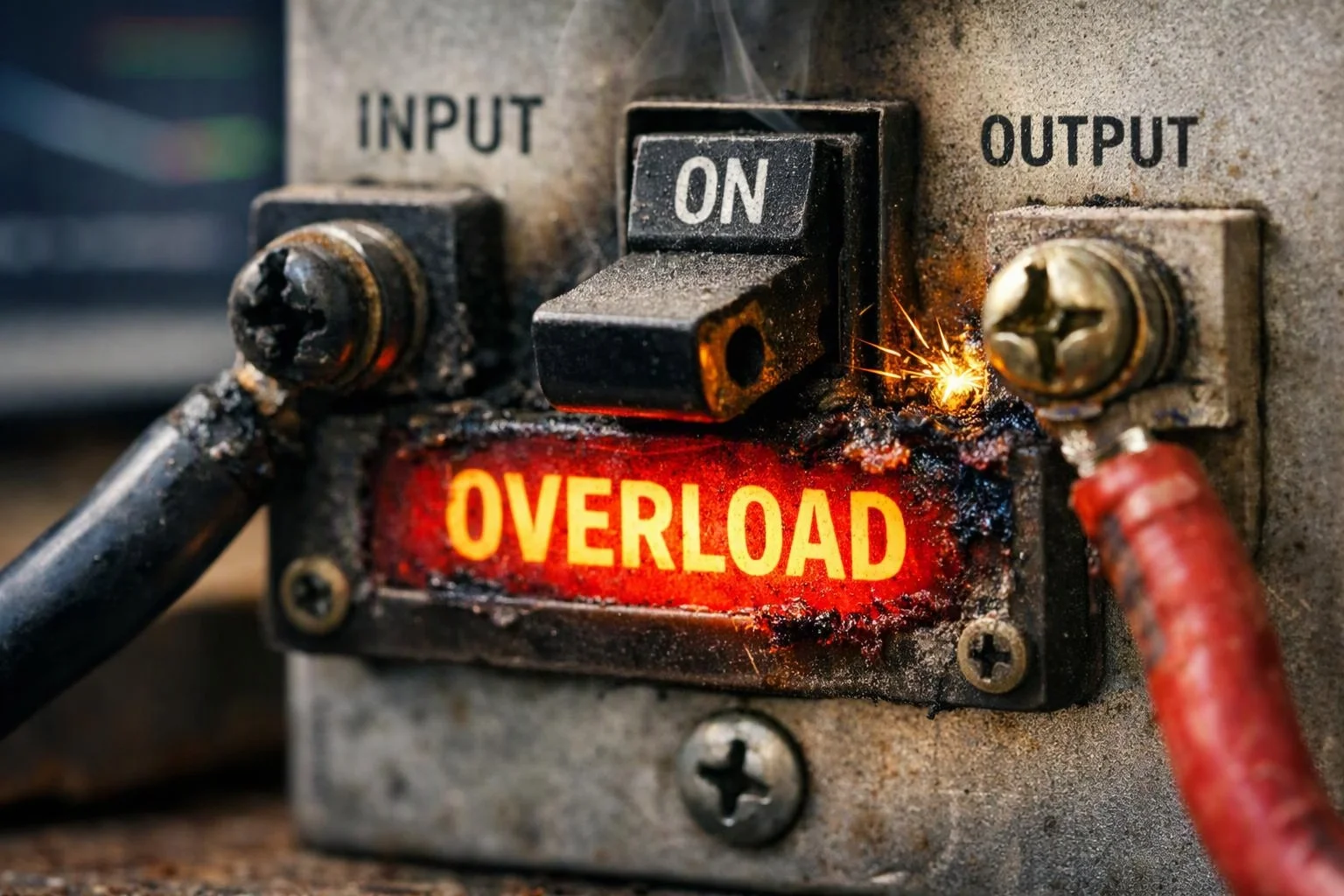 A close-up of a burned electrical switch panel shows glowing OVERLOAD text and sparking wires on a dirty metal surface