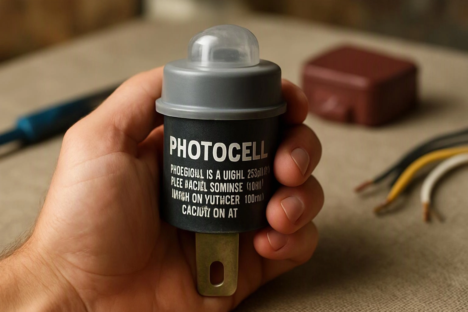 A hand holds a gray photocell sensor with wires and tools on a workbench background
