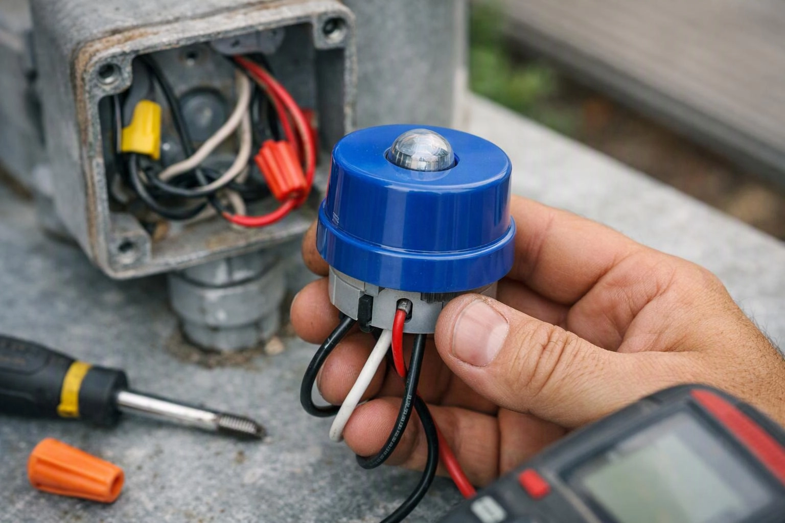 A hand holds a blue wired sensor beside an open electrical box with loose wires and tools on a concrete surface