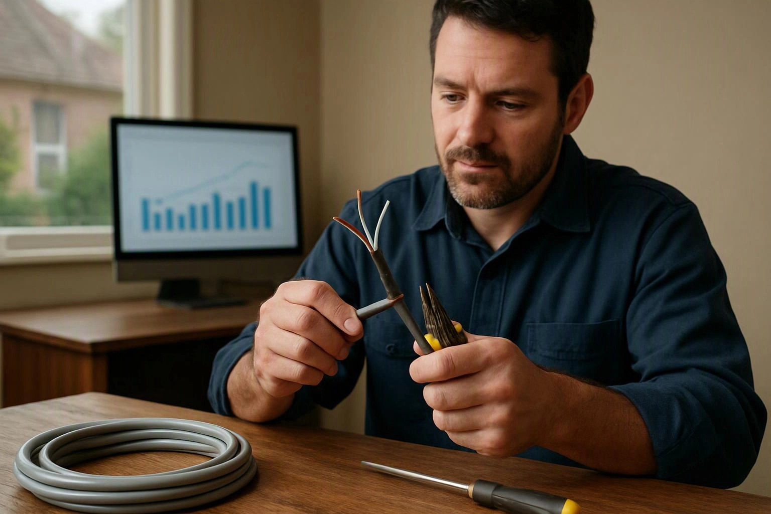 A man in a dark shirt strips wires at a wooden table with a monitor and coiled cable behind him