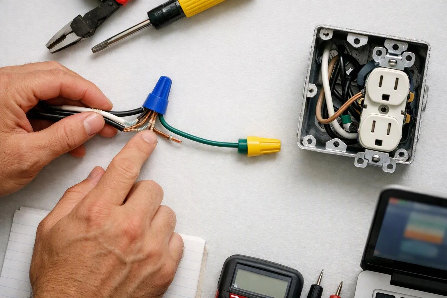 Hands wire nuts onto colored electrical wires beside an outlet box with a receptacle and tools on a white work surface