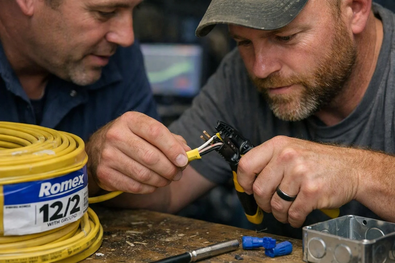 Two men carefully strip and connect yellow electrical cable at a cluttered workbench indoors