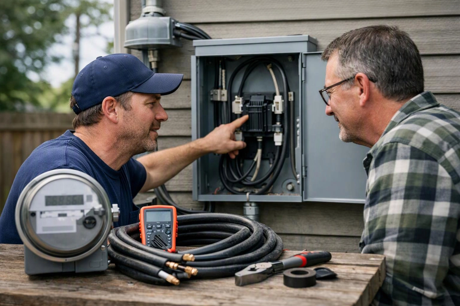 Two men inspect an open electrical box outdoors beside coiled cables, meters, and tools on a wooden table