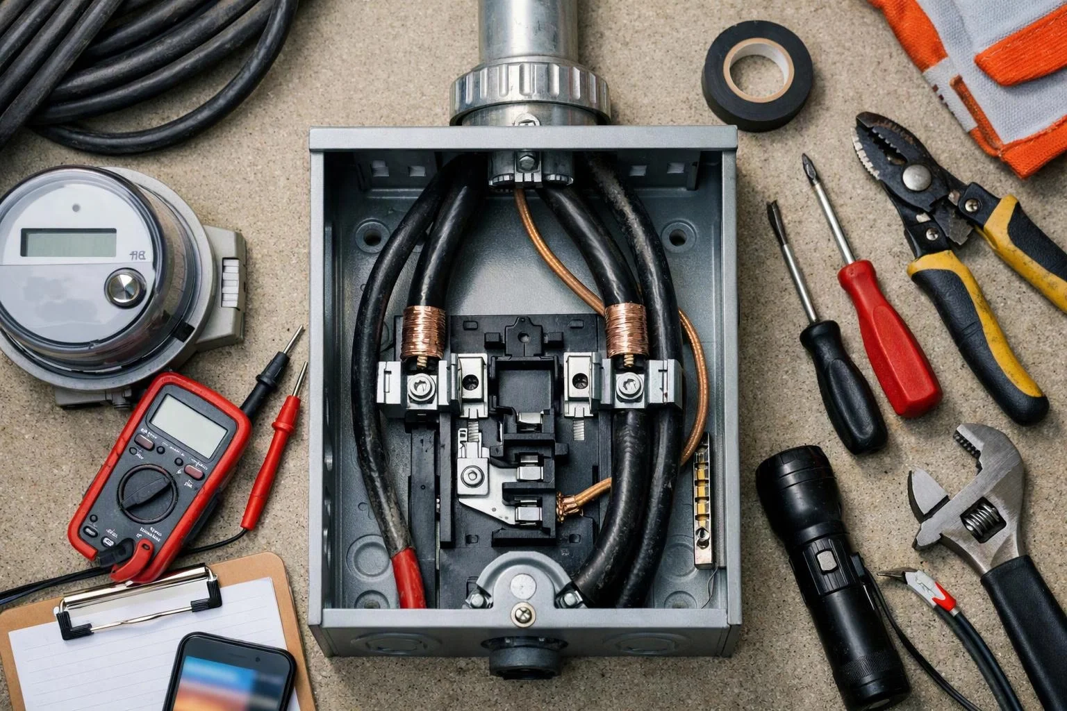 Electrical meter and tools arranged around an open junction box with thick cables on a work surface
