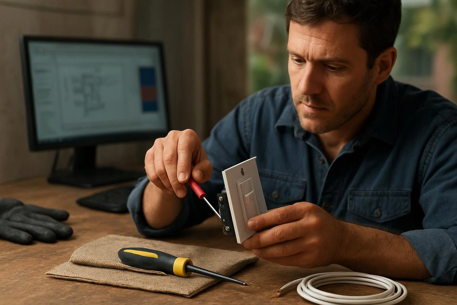 A man in a workshop screws a wall switch onto a plate beside a computer monitor and tools
