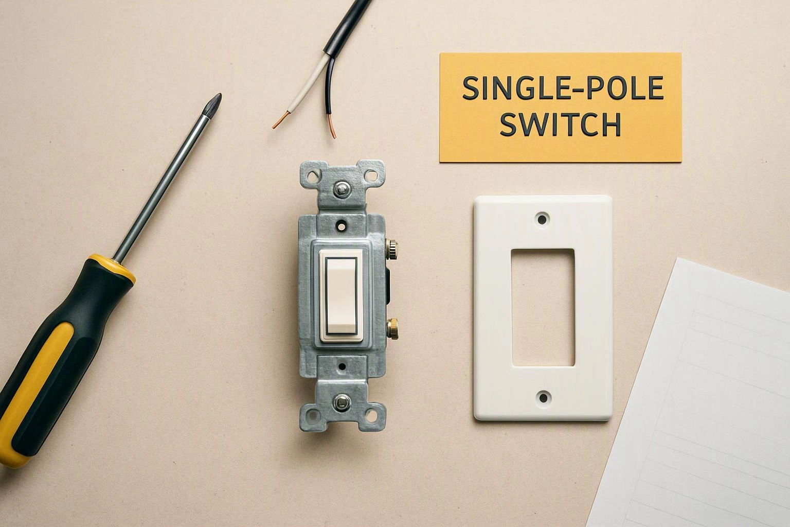 A single-pole light switch, screwdriver, loose wires, wall plate, and note labeled single-pole switch lie on a flat surface