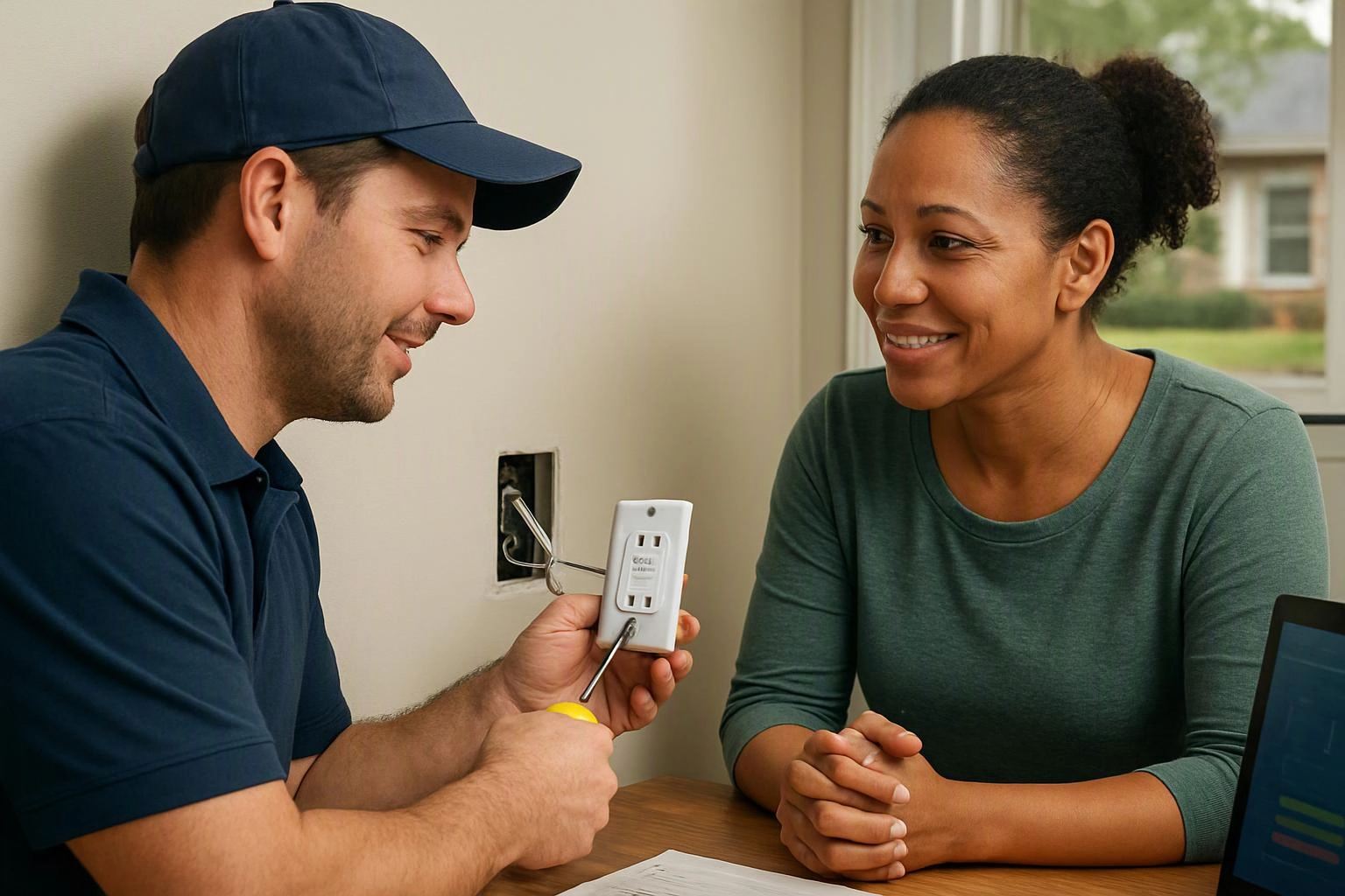 A man repairs a wall outlet while a smiling woman watches across a table