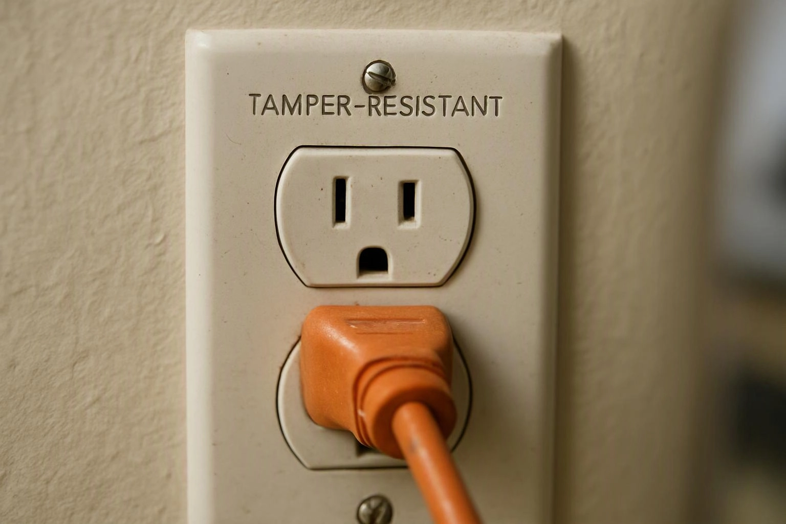 A wall outlet labeled tamper-resistant has an orange plug inserted into the lower socket