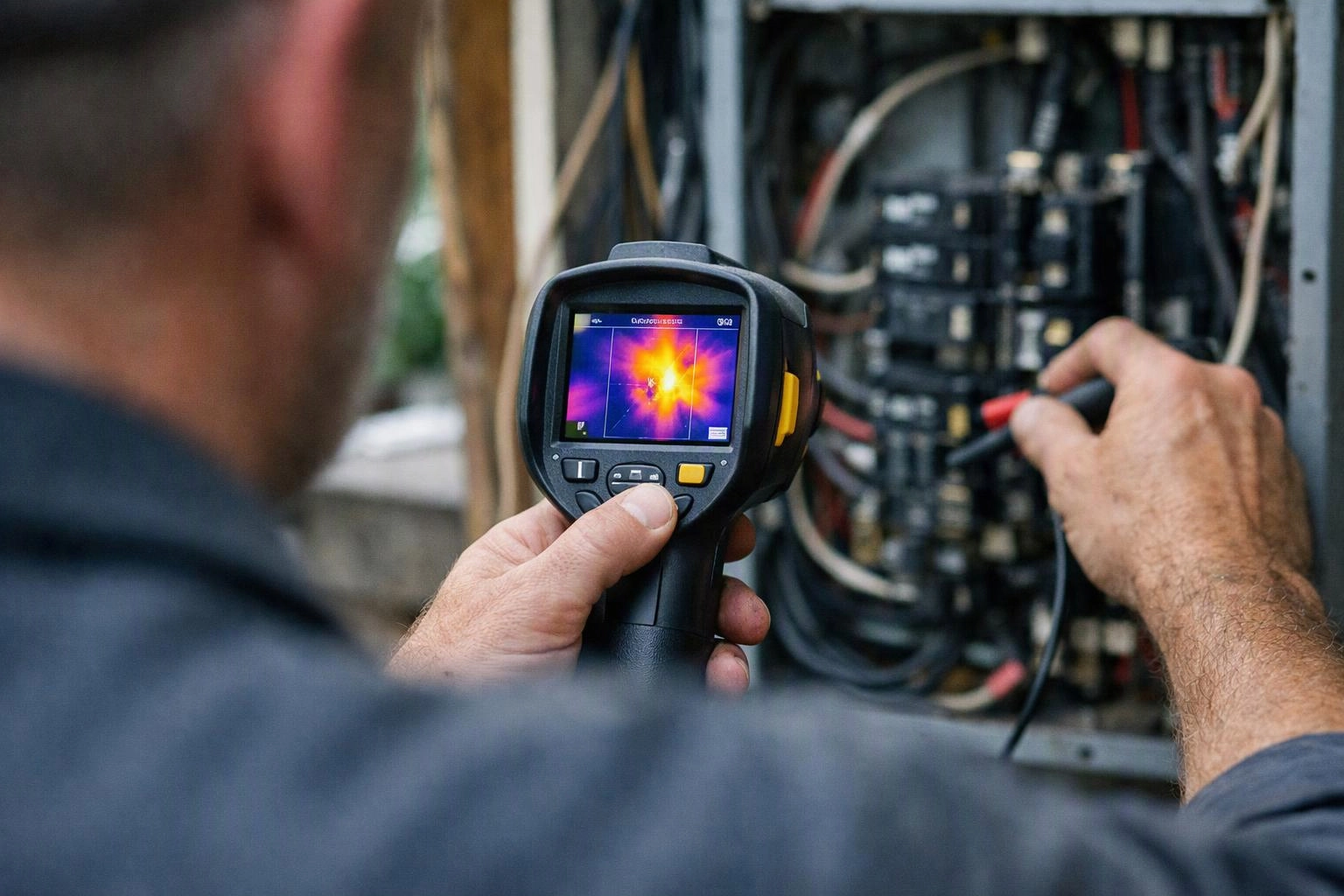 A technician scans an open electrical panel with a thermal camera while holding a probe