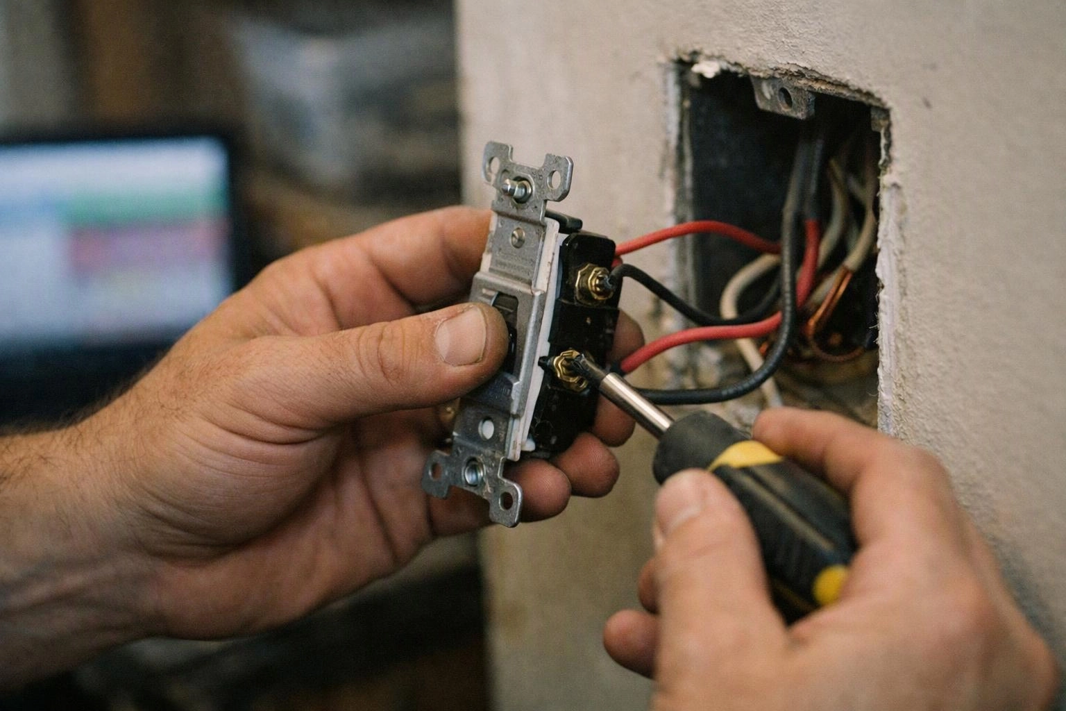 Hands install a wall light switch with exposed wires and a screwdriver in a close-up indoor scene