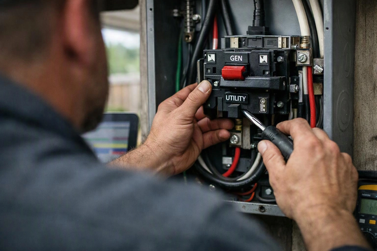 A worker adjusts wiring inside an electrical panel with a screwdriver, close up indoors