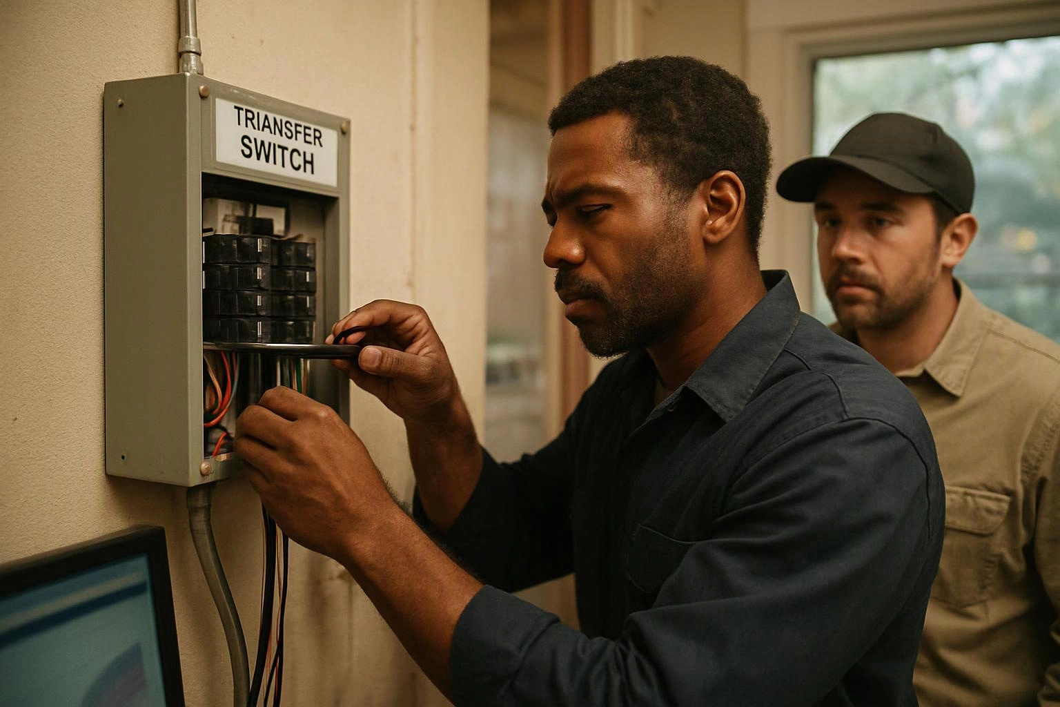 Two men inspect an open transfer switch box indoors, one adjusting wires while the other watches nearby