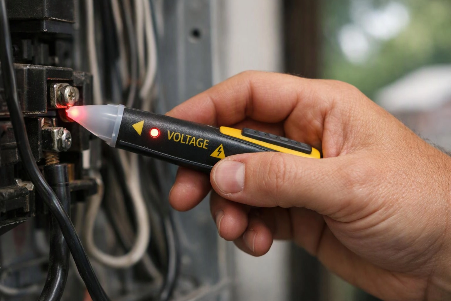 A hand holds a voltage tester against a screw on an electrical panel, with wires and cabinets behind it