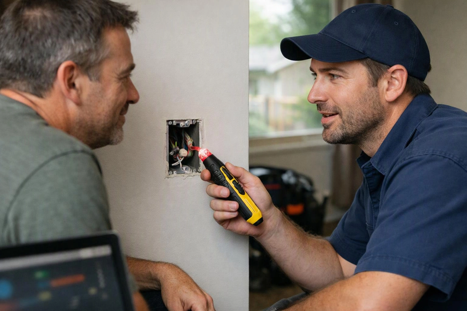 Two men inspect wall wiring, one holding a voltage tester near an open electrical box indoors