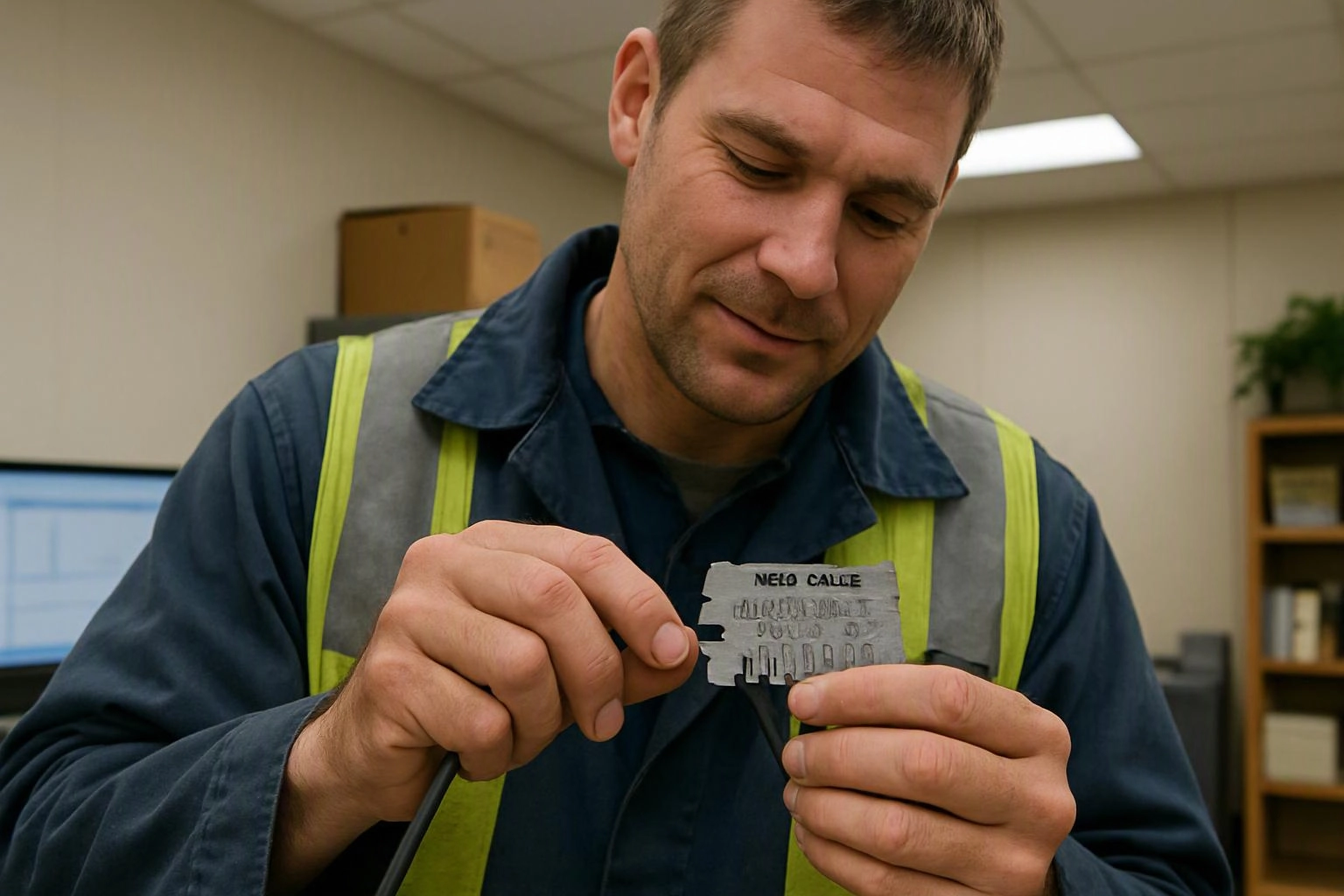 A man in a safety vest examines a small metal label in an office with shelves and a computer monitor