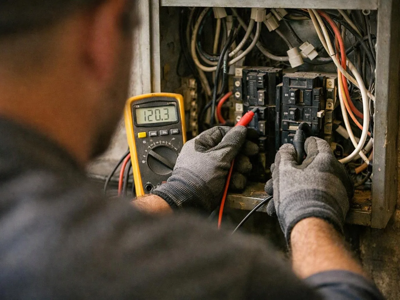 Gloved electrician tests a breaker panel with a digital multimeter in a cramped electrical cabinet
