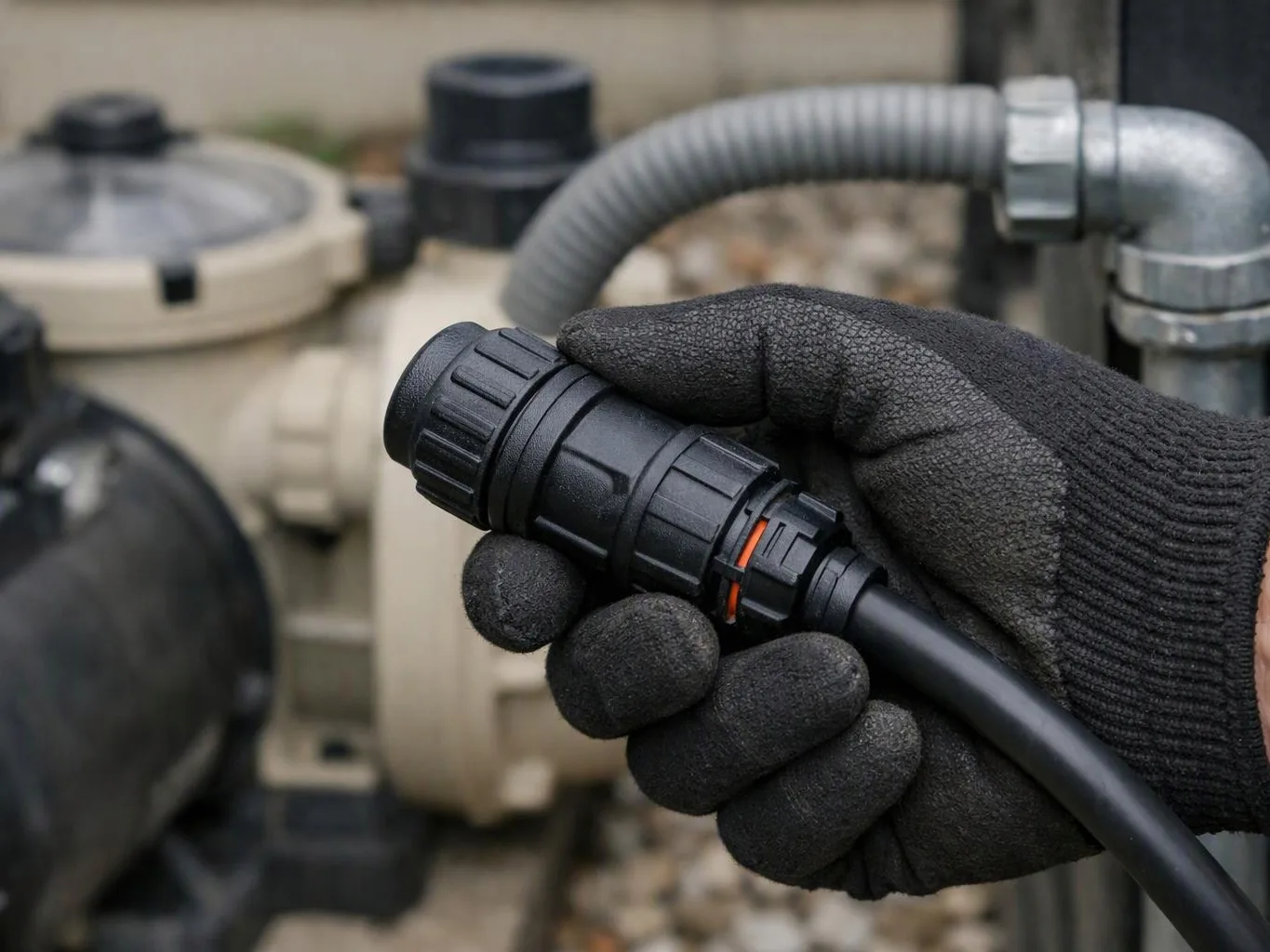 A gloved hand holds a black cable connector near outdoor pump equipment and pipes