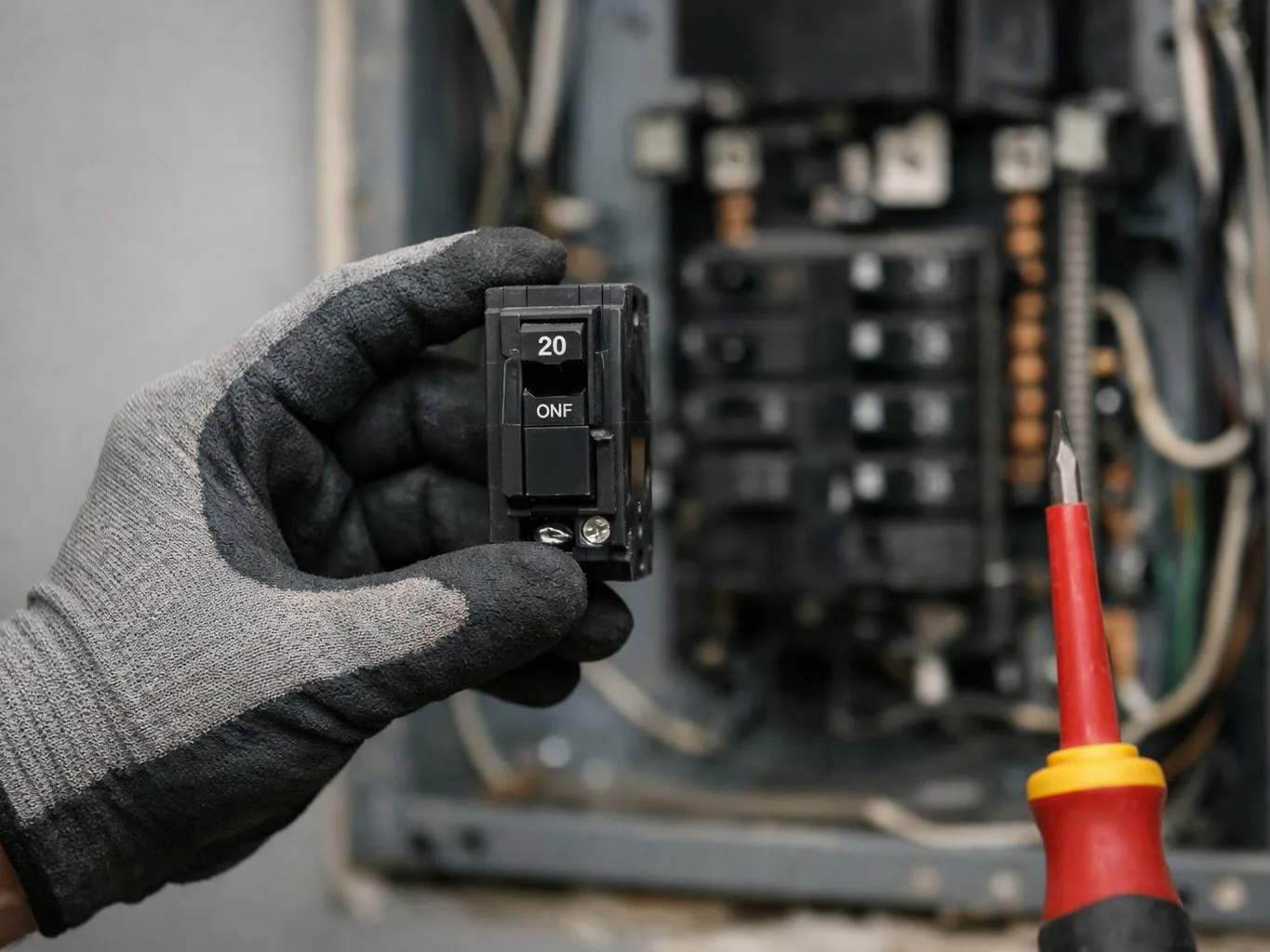 A gloved hand holds a black circuit breaker beside an open electrical panel and a red tester probe