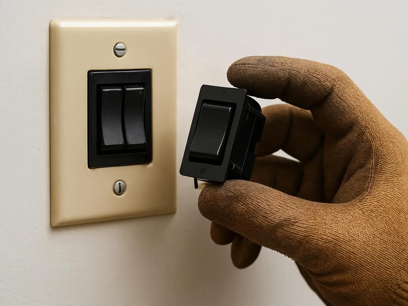 A gloved hand holds a black light switch beside a beige wall switch plate on a plain wall